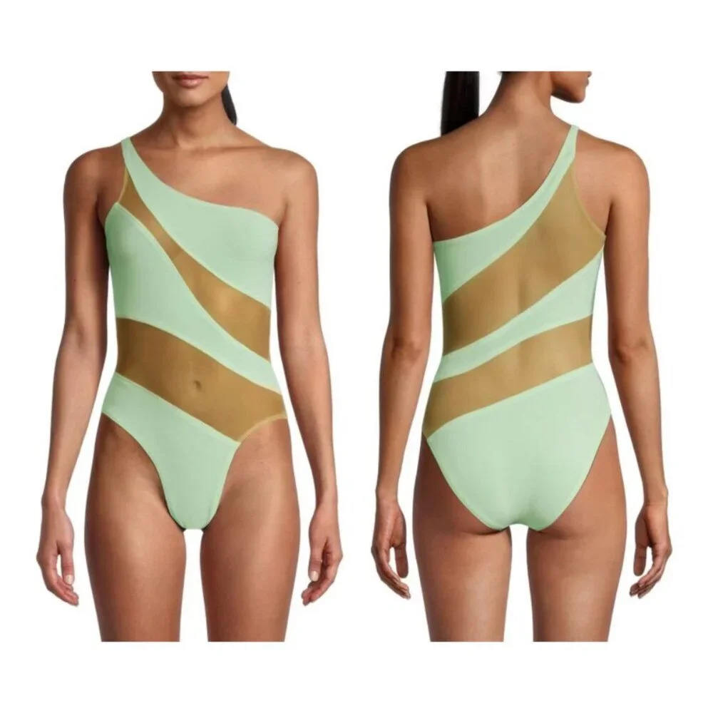 New! Norma Kamali Snake Mesh One Shoulder One-Piece Swimsuit 21243